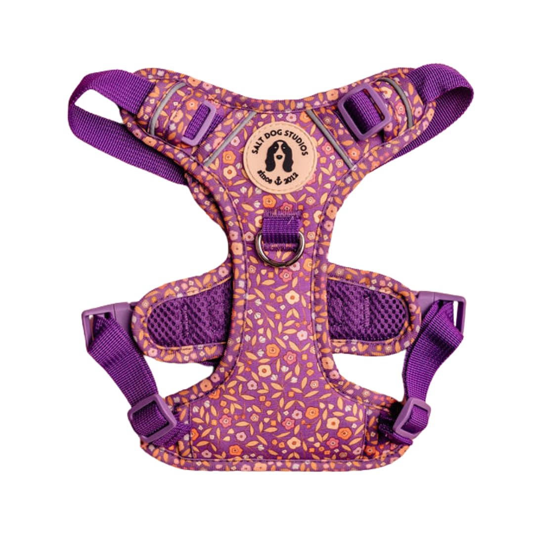 Floral Garden Dog Harness, Adjustable Mesh Harness for small, medium & Large Dogs, Lightweight Comfortable Harness with Front & Back D-Rings by Salt Dog Studios (Purple Ditsy Floral, Small)