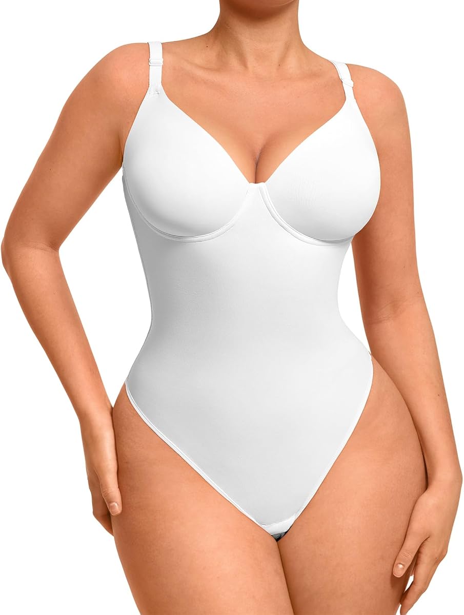 FeelinGirl Shapewear Bodysuits for Women Tummy Control, Thong Body Suit Deep V Neck Corset Top Body Shaper