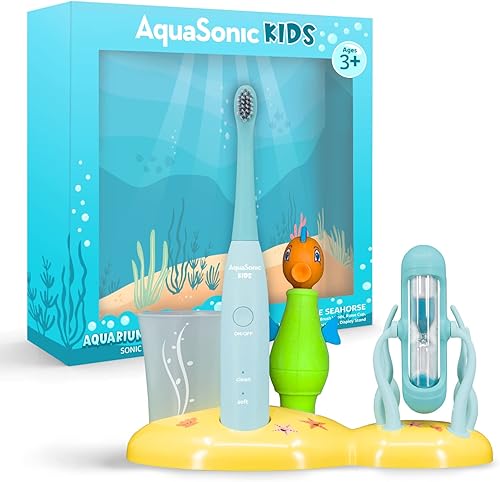 Miniatura 1 de Aquasonic Cepillo de dientes eléctrico Sonic para niños a partir de 3 años, 2 cabezales de cepillo, juguete, temporizador, taza de enjuague, 2 modos