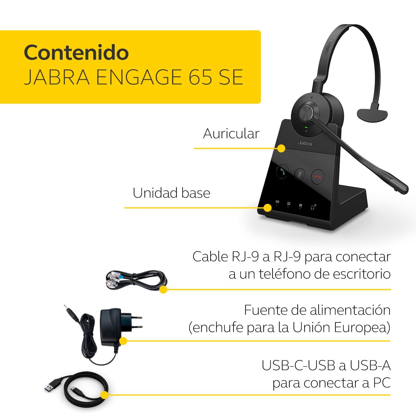 Engage 65 SE Mono Headset, Base, Power Supply, 1.5m USB-C to USB-A Cable, Desk Phone Cable, Quick Start Guide, Warranty and Warning (Hojas de Seguridad) (Reacondicionado)