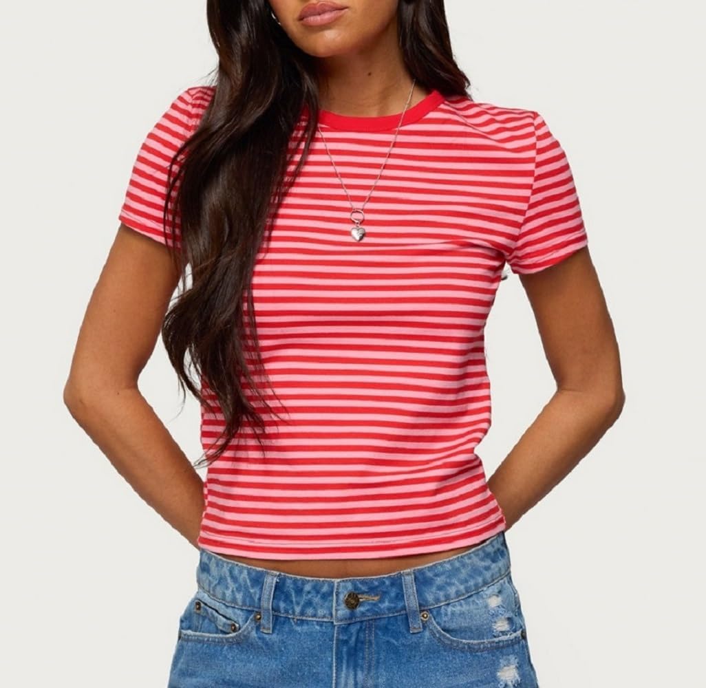 Women Striped Baby Tees Short Sleeve Slim Fit Shirt Vintage Crew Neck Crop Tops Y2k Going Out Top Streetwear - Image 4