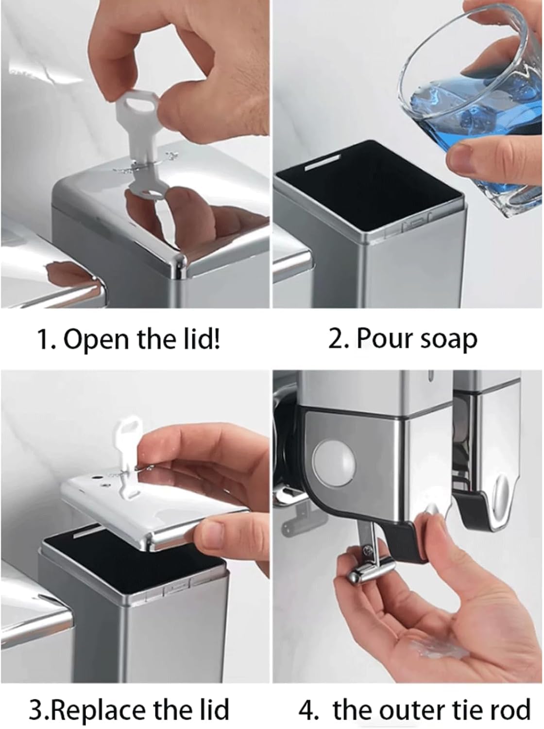 Dispenser di Sapone per Doccia A Parete Quadrato A 3 Camere - Dispenser di Liquido Senza Trapano per Doccia - Accessorio per Bagno Moderno, Silver-2
