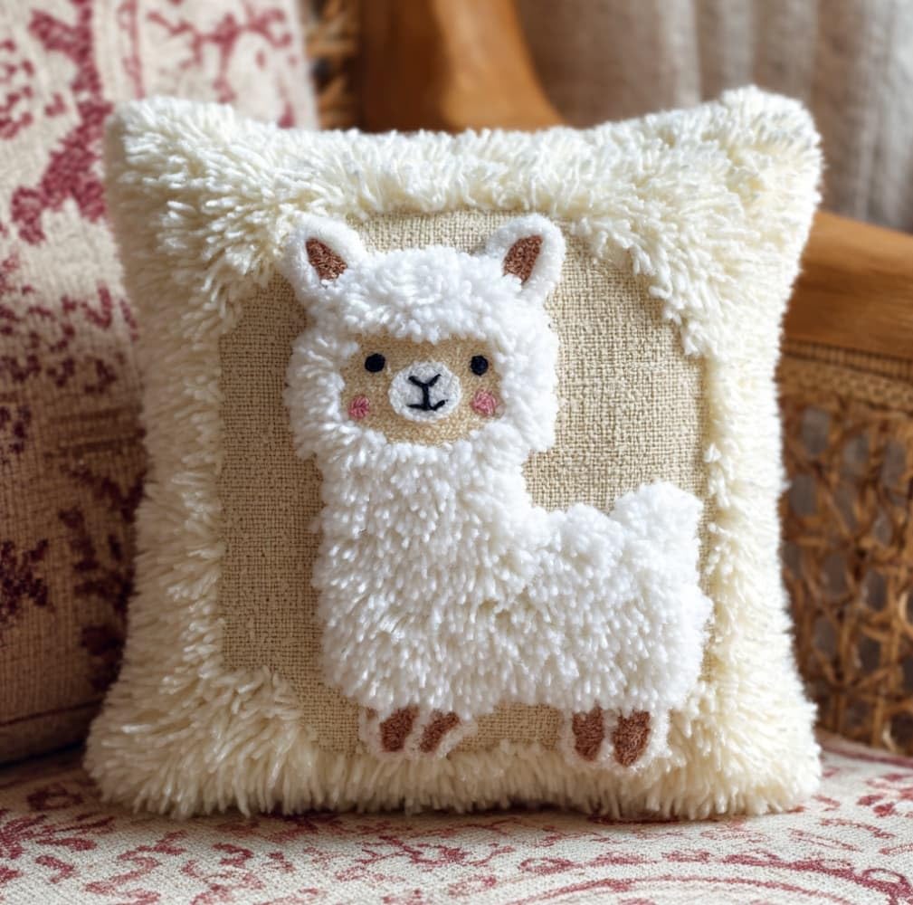 Henypt Latch Hook Pillow Kit 43x43cm,Cute Alpacas Embroidery Cushion Set for Home Interior,Relaxing Hobby for Adults & Craft Beginners