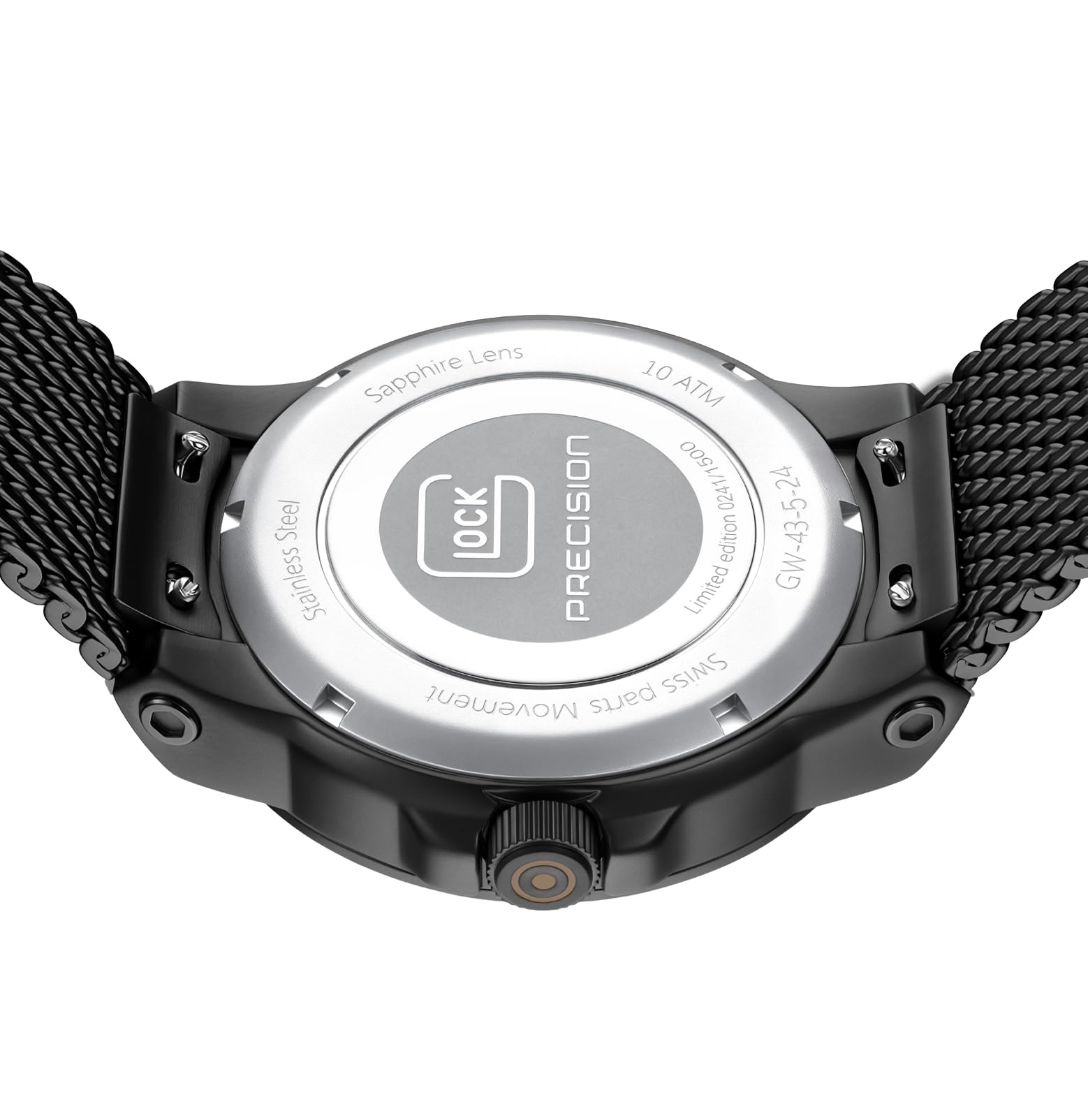 GLOCK Reloj de cuarzo para hombre | Caja de 43 mm | Reloj de pulsera con caja de acero inoxidable negro | Esfera con textura de arena | Correa de malla negra | 10ATM | GW-43-5-24