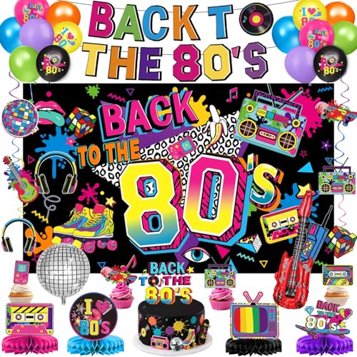 80s Party Decorations Includes Backdrop, Banner, Hanging Swirls, Foil & Latex Balloons, Cake & Cupcake Toppers, Honeycomb Centerpieces for 80s 90s Party Decorations