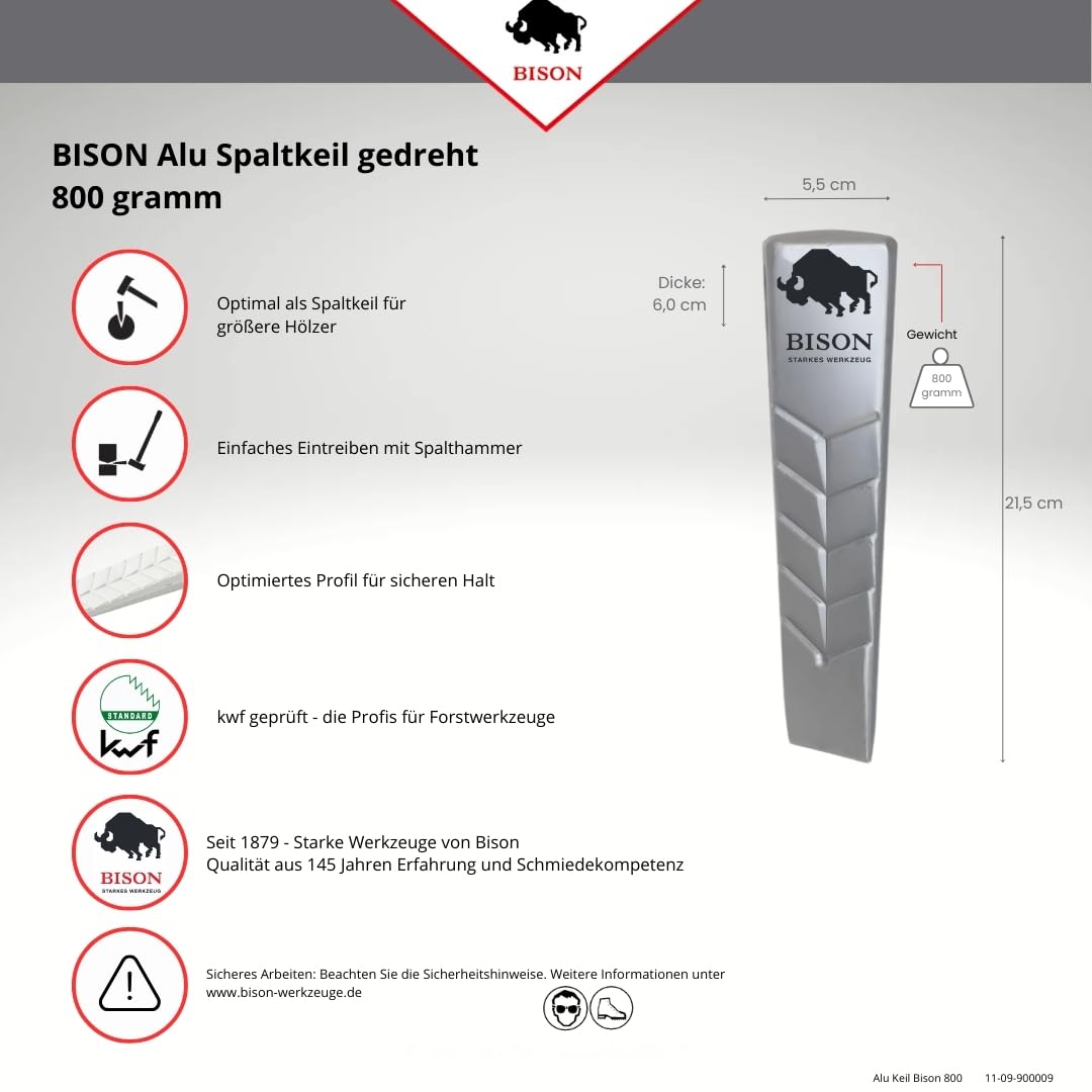 Bison Drehspaltkeil I Aluminium 800g I Hochwertiger Spaltkeil aus Aluminium geschmiedet I Gedrehte Keilform mit Führungsrippen & Oberflächenprofil