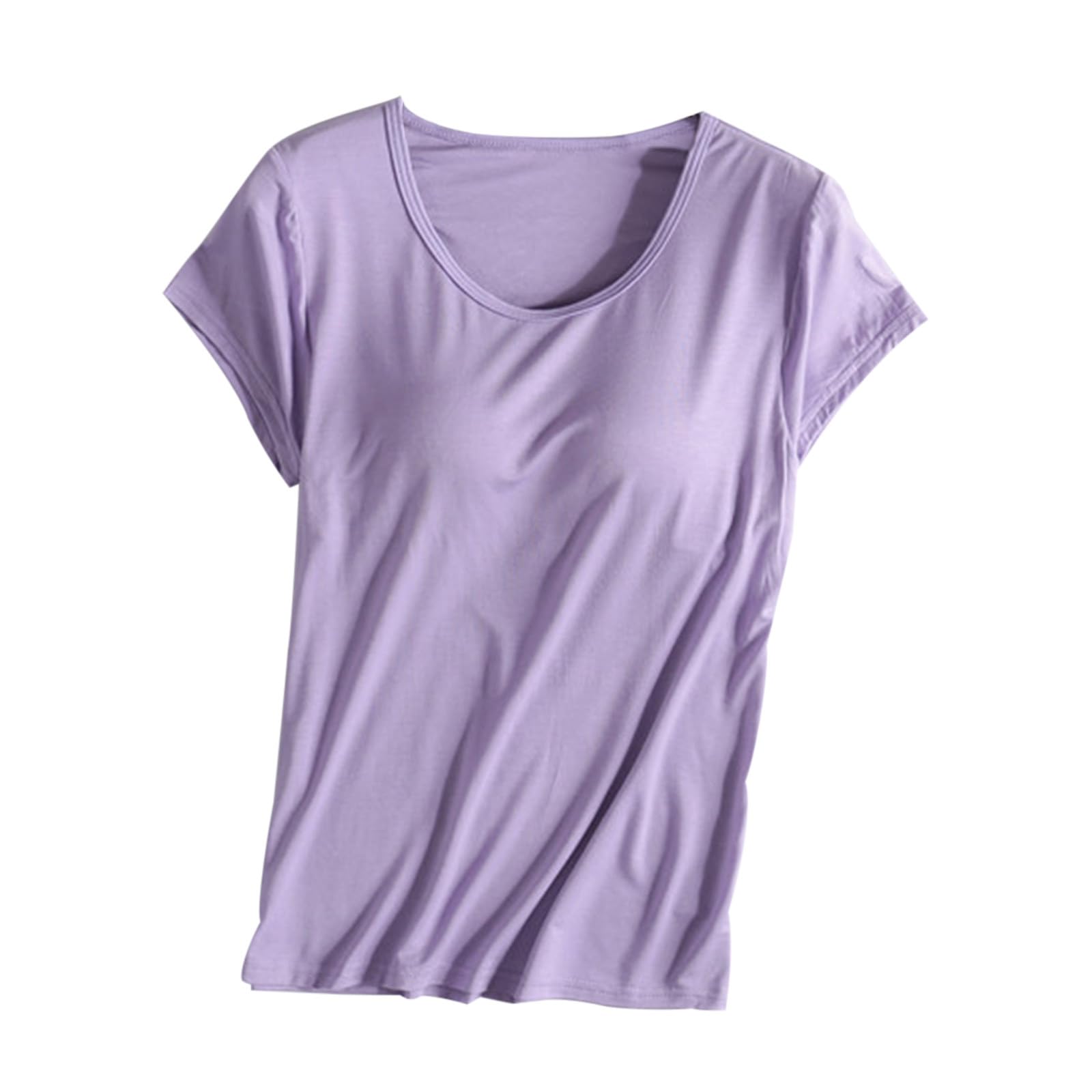 Womens Shirts with Built in Bra Short Sleeve Shirts Summer Casual Athletic Workout Yoga Shelf Bra Padded T Shirts Tops — view 16
