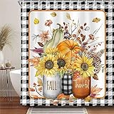 MCKTOM Fall Shower Curtain, Pumpkin Autumn Leaves Harvest Thanksgiving Shower Curtain for Bathroom, Buffalo Plaid Check Floral Farmhouse Rustic Bath Curtain Set with Hooks, 72x72 Inches