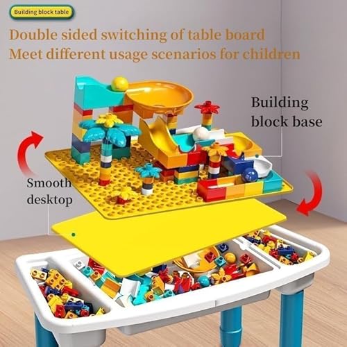 طاولة بناء للاطفال، قابلة للتحويل الى مجموعة طاولة تعلم وكرسي للاطفال، مجموعة طاولة لعب متعددة الوظائف 5 في 1 مع مساحة تخزين، تتضمن كرسي واحد و108 مكعب بناء (اصفر واحمر)