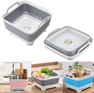 Barrageon 9L Lavabo Pliable Multifonction Carré Wash Nettoyage Vaisselle légumes Fruits Panier Linge Cuisine Vidange Bouchon Portable Rangement Bassine (Gris)