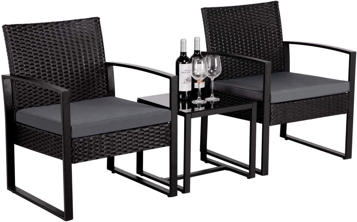 Yaheetech 3 Pieces Bistro Set Wicker Patio Furniture Modern Rattan Chair Conversation Sets Indoor/Outdoor with Coffee Table & Gray Cushion