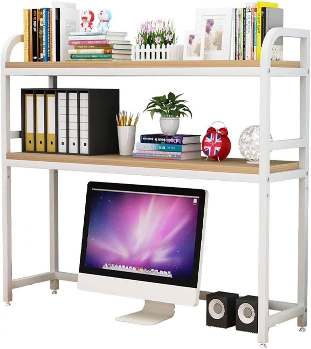 Adjustable Desk Bookcase 2Tier Desktop Bookshelf For Computer Desk, Wood And