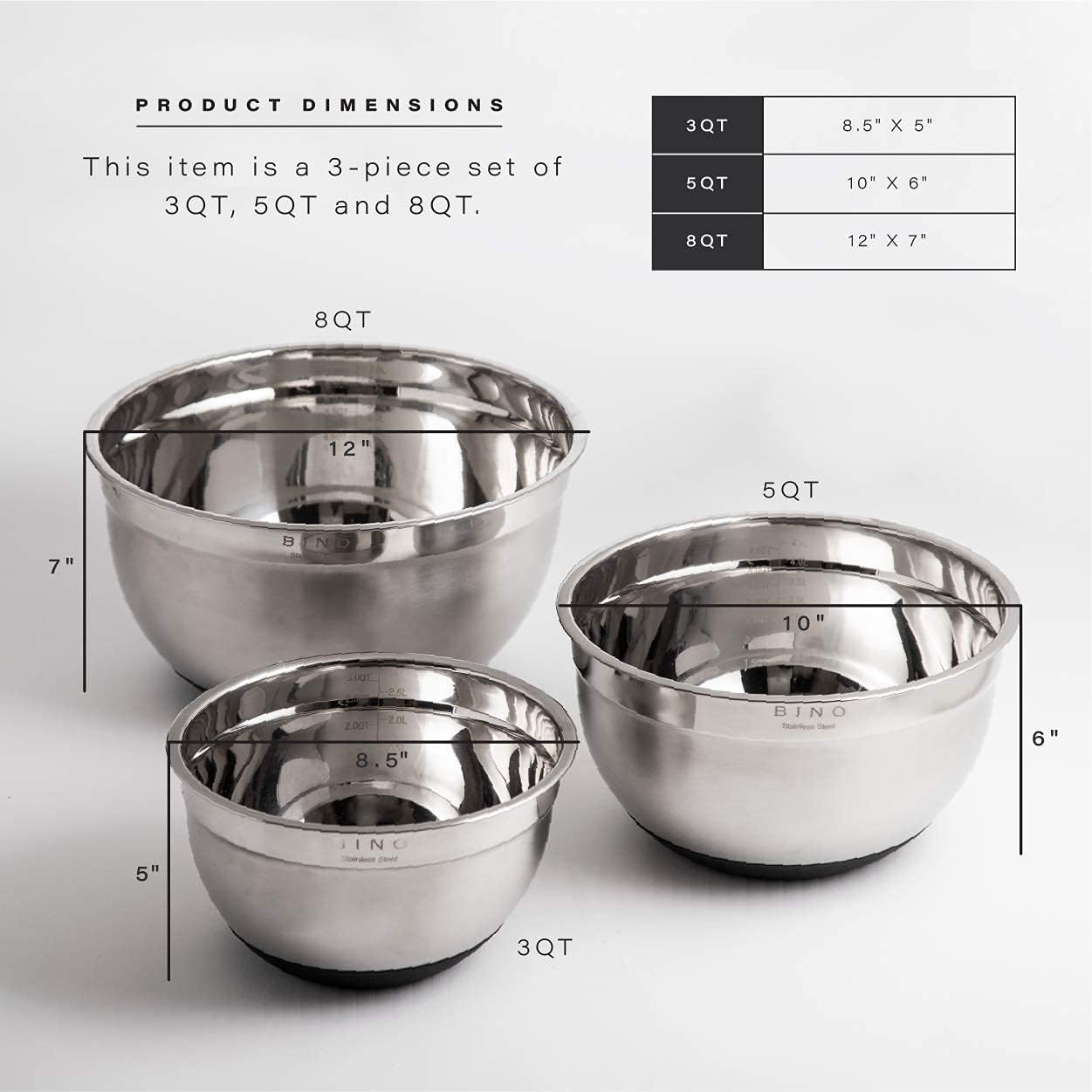 BINO 3-Piece Stainless Steel Mixing Bowl Set with Lids, Black - Stainless Steel Mixing Bowls with Lids Set Mixing Bowls for Kitchen Stainless Steel Bowls with Lids Metal Mixing Bowls Kitchen Bowls: Kitchen & Dining