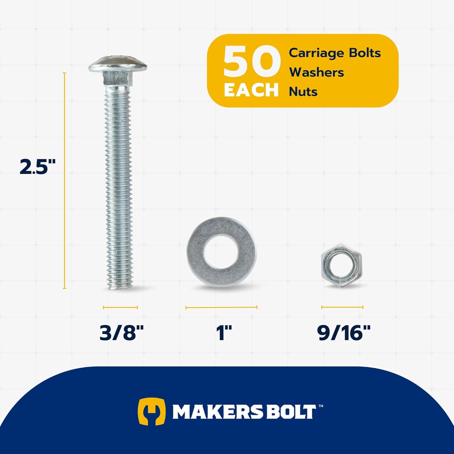 3/8" x 2-1/2" (50 Pack) Zinc Carriage Bolt Kit, Grade 307A by Makers Bolt