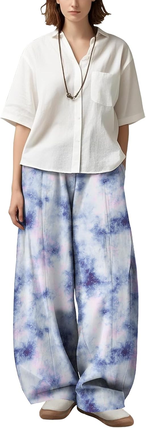 Women’s Wide Leg Palazzo Pants Blue Tie Dye High Waist Lightweight Fall Beach Lounge Trousers
