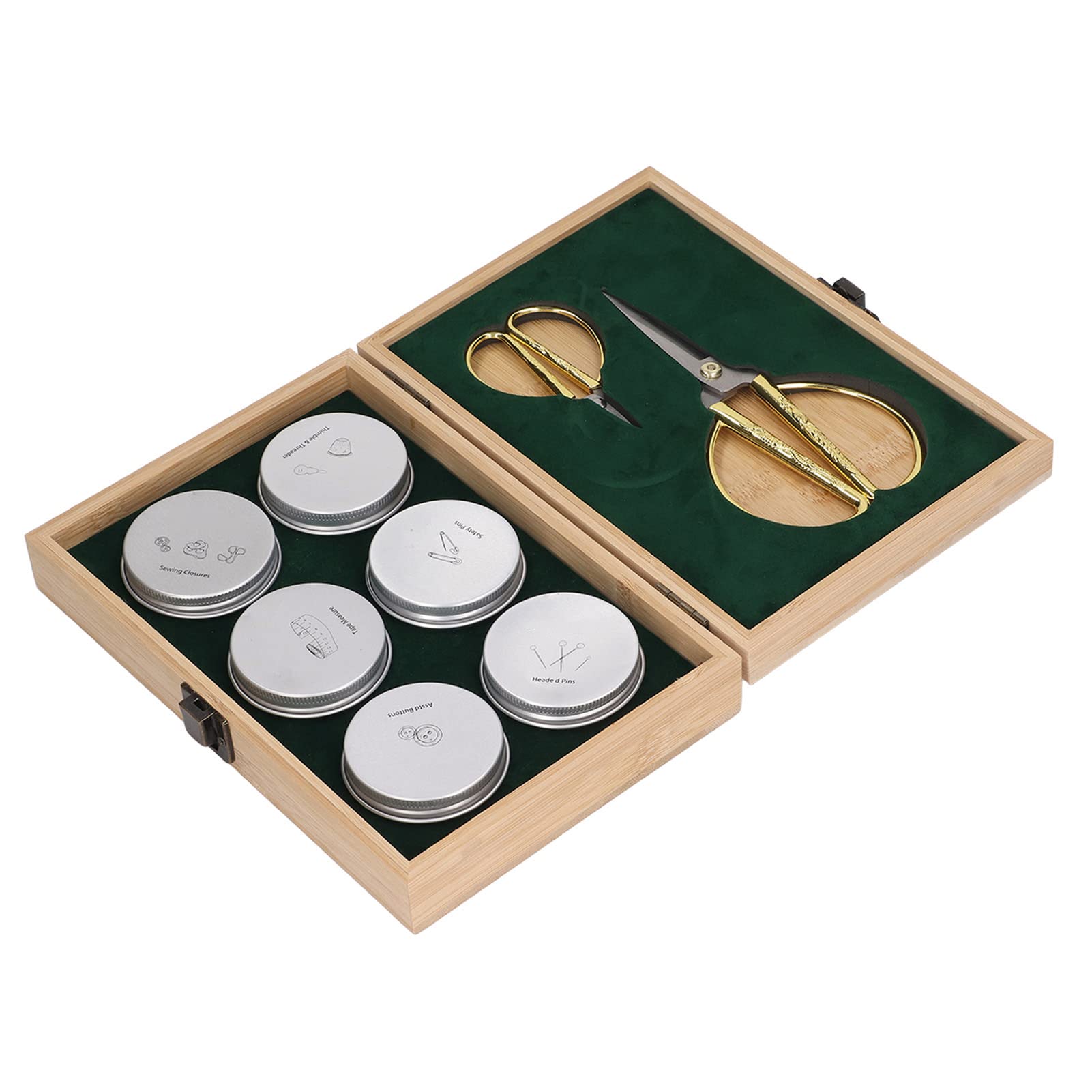 Kit de costura completo con caja de almacenamiento de madera, suministros de costura que incluyen tijeras, botones, alfileres, hebillas, dedal, enhebrador, cinta métrica y