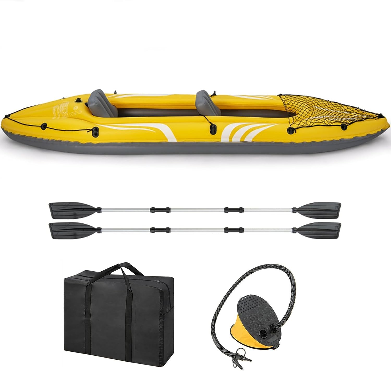 GYMAX Kayak Inflable para 2 Personas, 357 x 80 x 38 cm, Kit de Kayak con Remo, Bomba de Pie, Bolsa de Transporte, Soporta hasta 160 kg, Bote de Remo, Canoa