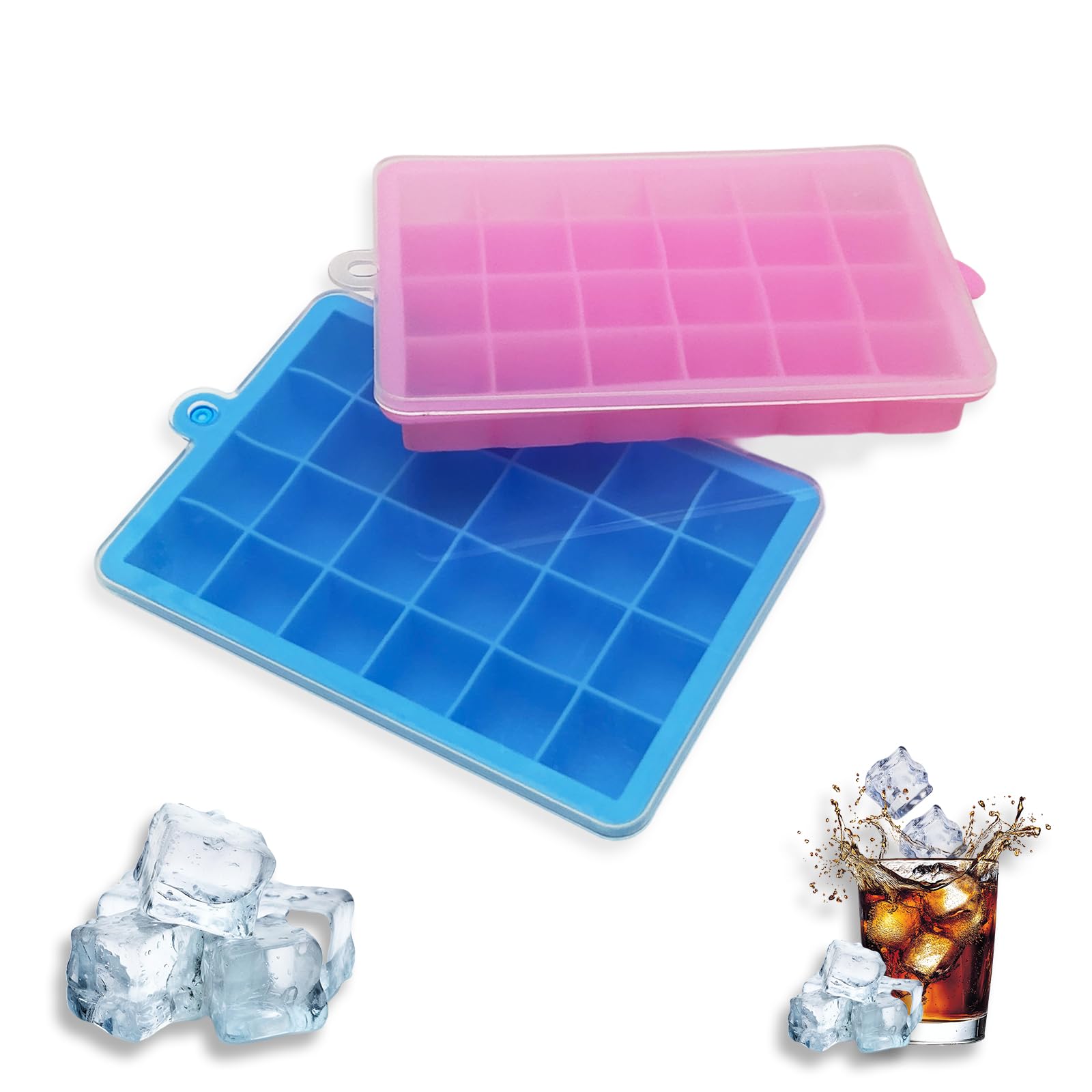 Bliceon 2 Pcs Silicone Ice Cube Tray, 24 Square Ice Cube Moulds with Lid