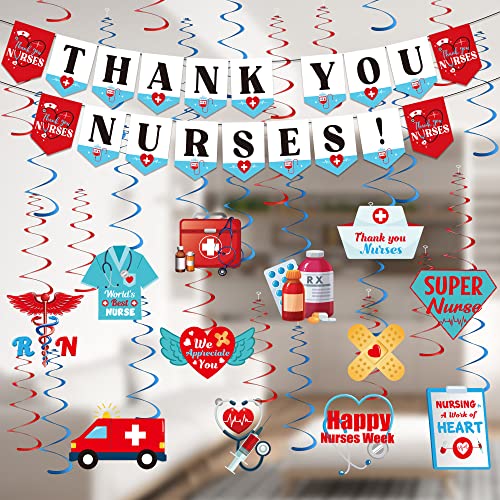 Nurses Week Decorations THANK YOU NURSES Banner & 12PCS Hanging Swirls Nurses Decorations 2026 RN Graduation Appreciation Nurses Week Banner Swirls Nurses Decor for Nurse Graduation Party Supplies