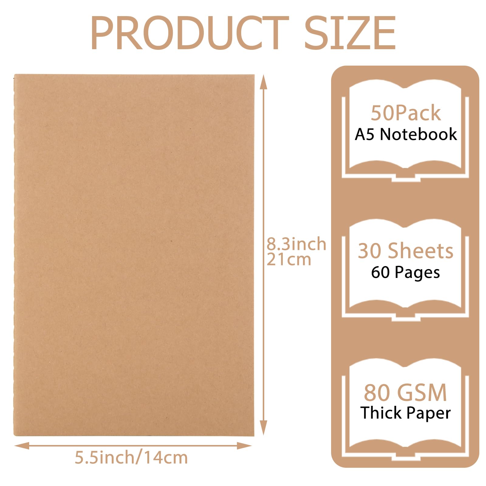 YOUNTHYE A5 Notebook, 50 Pack Kraft Notebooks A5 Journal Notebook Plain Pages, 60 Pages Blank Notepad Soft Cover Plain Paper Notebook for Students, Travelers, Office - Image 2