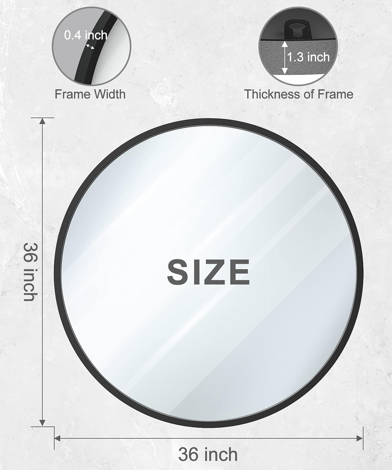 36" Black Round Metal Framed Bathroom Wall Mirror