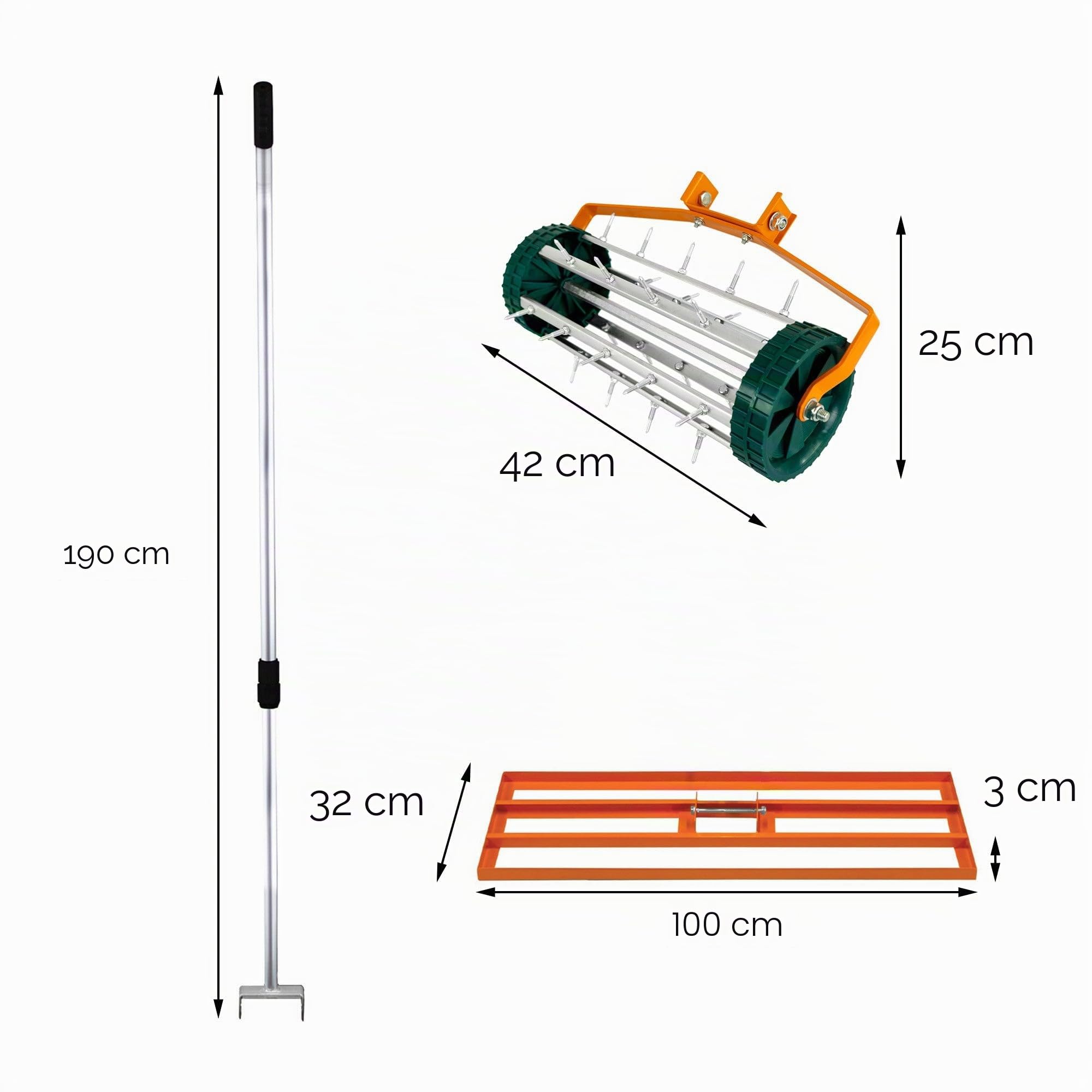 SET Nivelador de Césped 100x32cm + Aireador Manual Rodante de Césped 42cm ancho (Púas 3.8cm) | NARANJA | Acero | Mango Extensible 1.15-1.9m | Aluminio | Jardinería Paisajismo Cultivo Exteriores