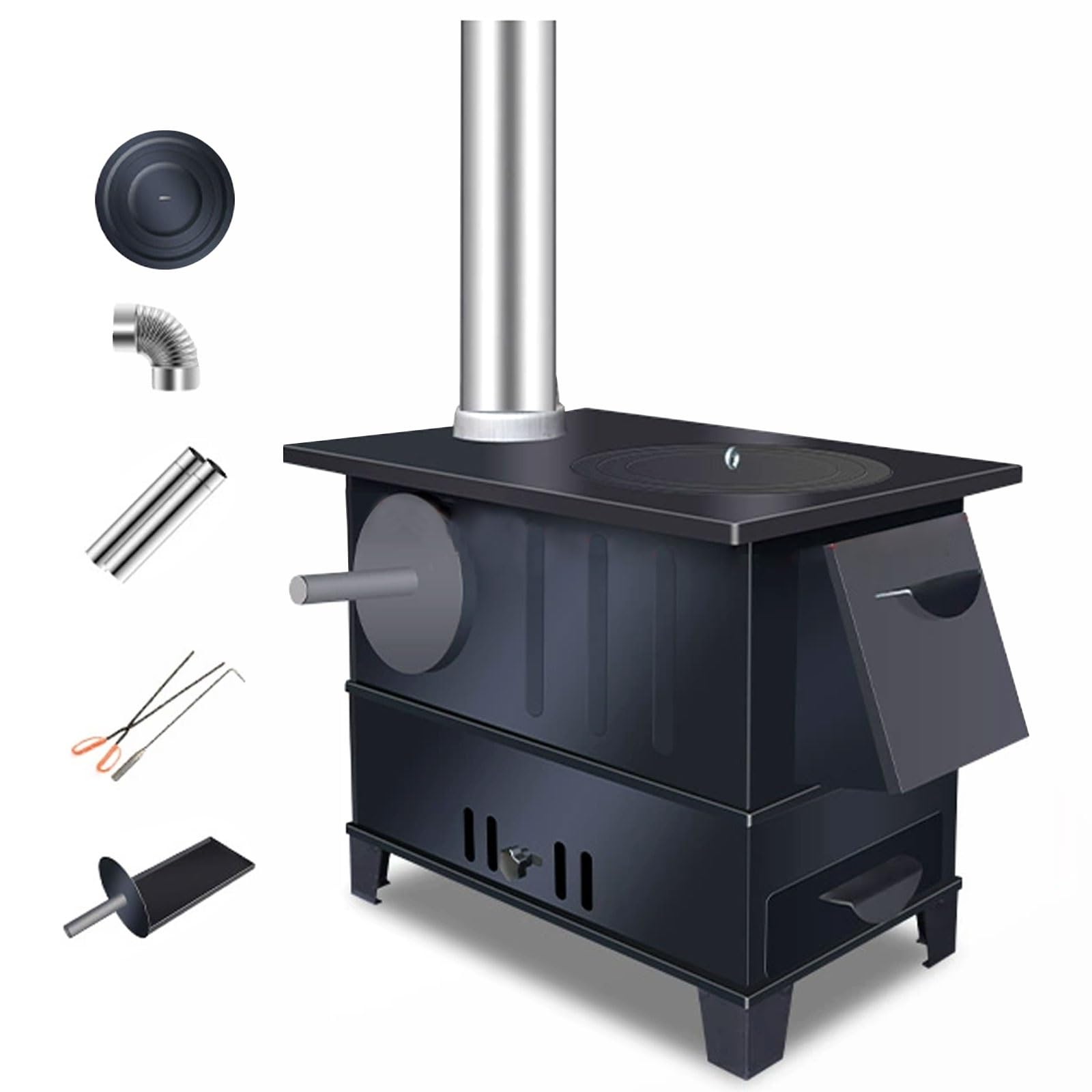 Stufa A Pellet Stufa A Legna Con Forno Struttura in Lamiera D'acciaio Focolare Di Grande Capacità Forno A Legna Include Camino, Gancio E Pinza(50.5 * 30.5 * 41cm)