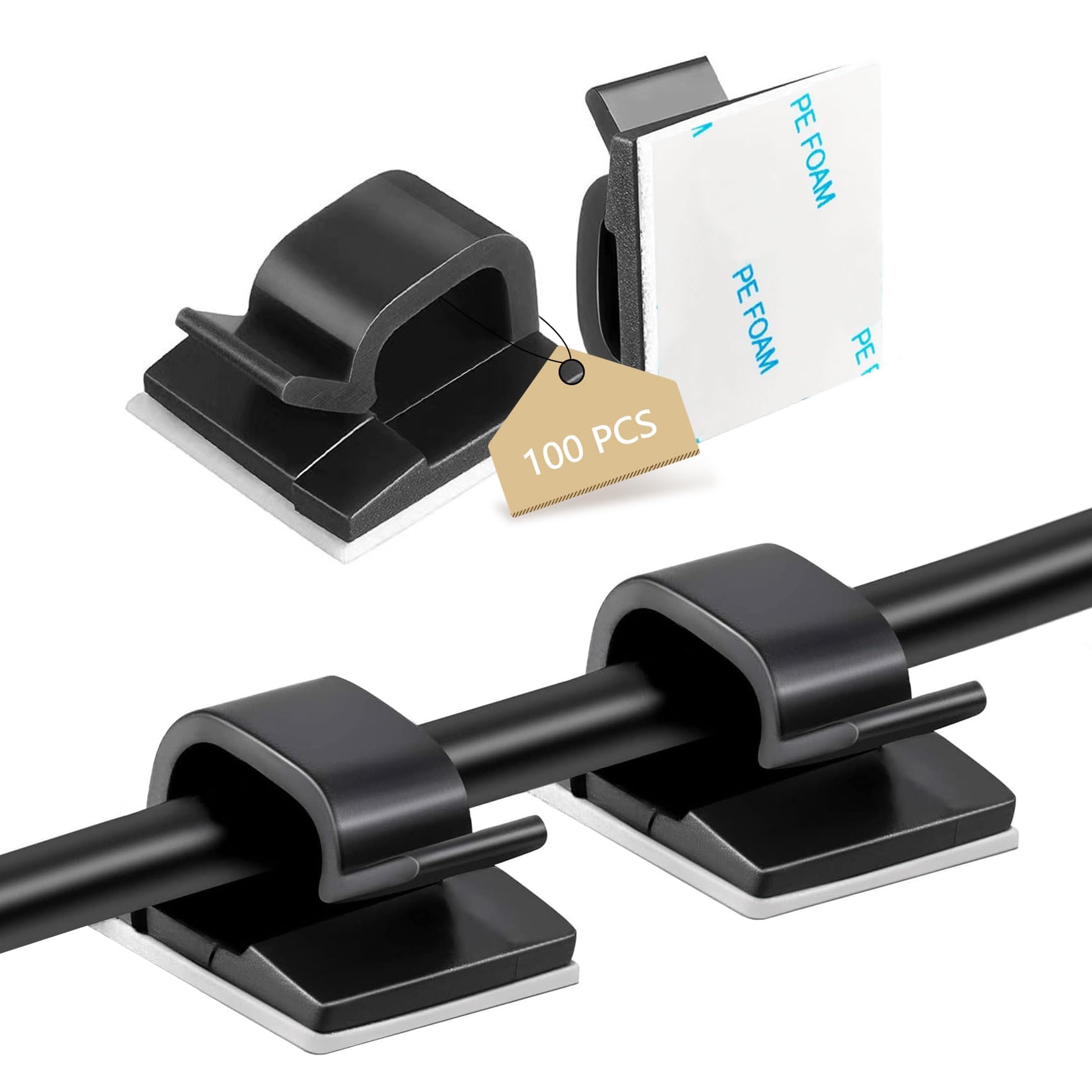 Abnii 100PCS Adhesive Cable Clips, Wire Holder Organizer Cord Management, Cable Staples Outdoor Strong Cord Clips for Wall, Desk, Christmas Lights,