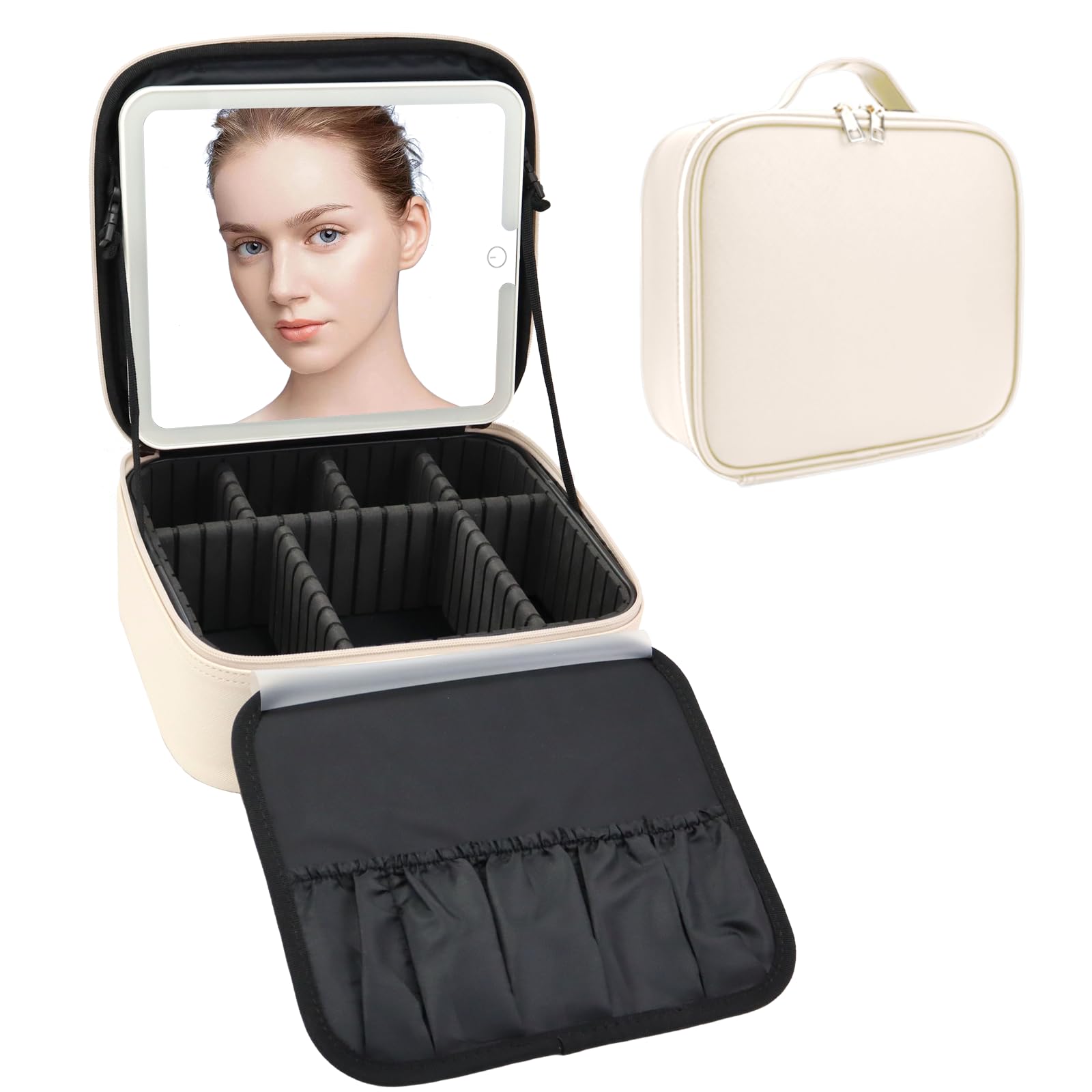 SLUMAZI Travel Makeup Bag with LED Mirror Travel Makeup Organizer with 3 Lighted Settings, Adjustable Dividers and Makeup Brush Storage Bag White