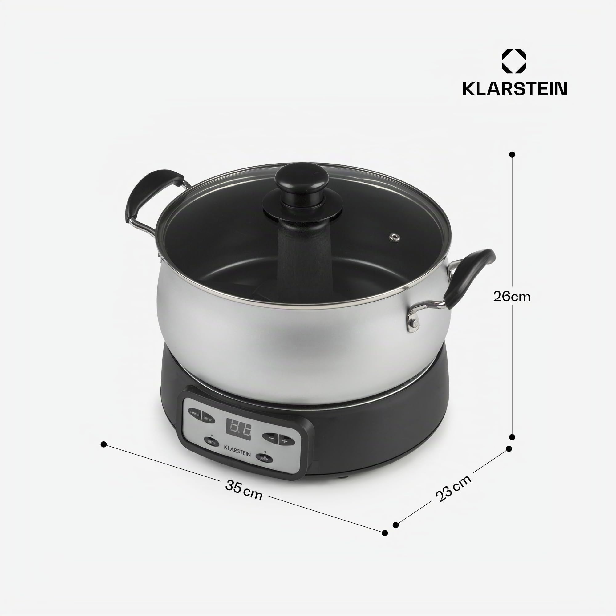 KLARSTEIN Jam Session - Bollitore per Marmellata e Gelatina, 1000W, 2 Programmi Automatici, Tempo di Cottura Regolabile, Pentola interna Rivestita, Lavabile in Lavastoviglie, Volume 3 Litri