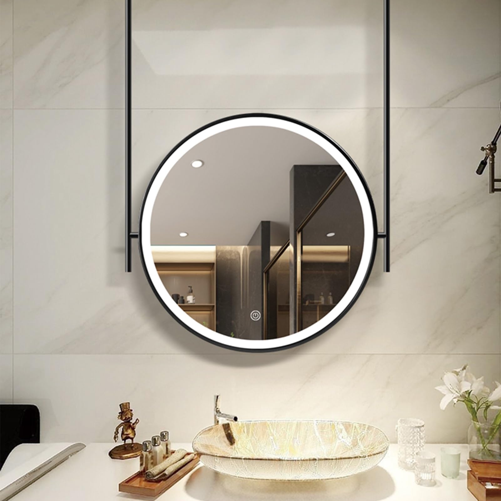 ITOSUI Vanity Makeup Mirror with LED, 3 Colors Dimmable Light Metal Framed Mirrors for Bathroom Bedroom, Large Round Mirror Hanging Rod HD Glass Mirror(Diameter-50CM/19.7INCH)