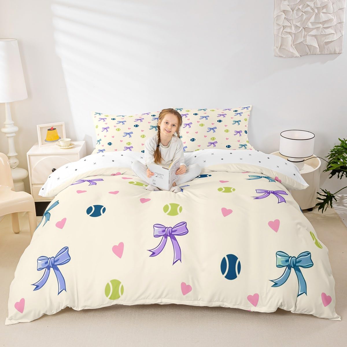 Homewish Bow Girls Single Size Duvet Cover Sets Cute Bowknots Bedding Set for Kids Teens Adults Preppy Tennis Balls Print Quilt Cover Coquette Sports Themed Decor - Image 3