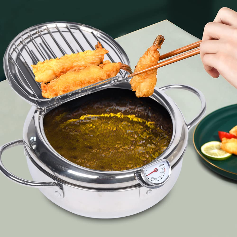 GXFCHYL Deep Fryer Pot Tempura Deep Frying Pot 304 Stainless Steel Fried Food Pot 2.2L Japanese Deep Fryer Pot with Temperature Gauge& Oil Draining Rack for Fried Chicken, Shrimp, French Chips