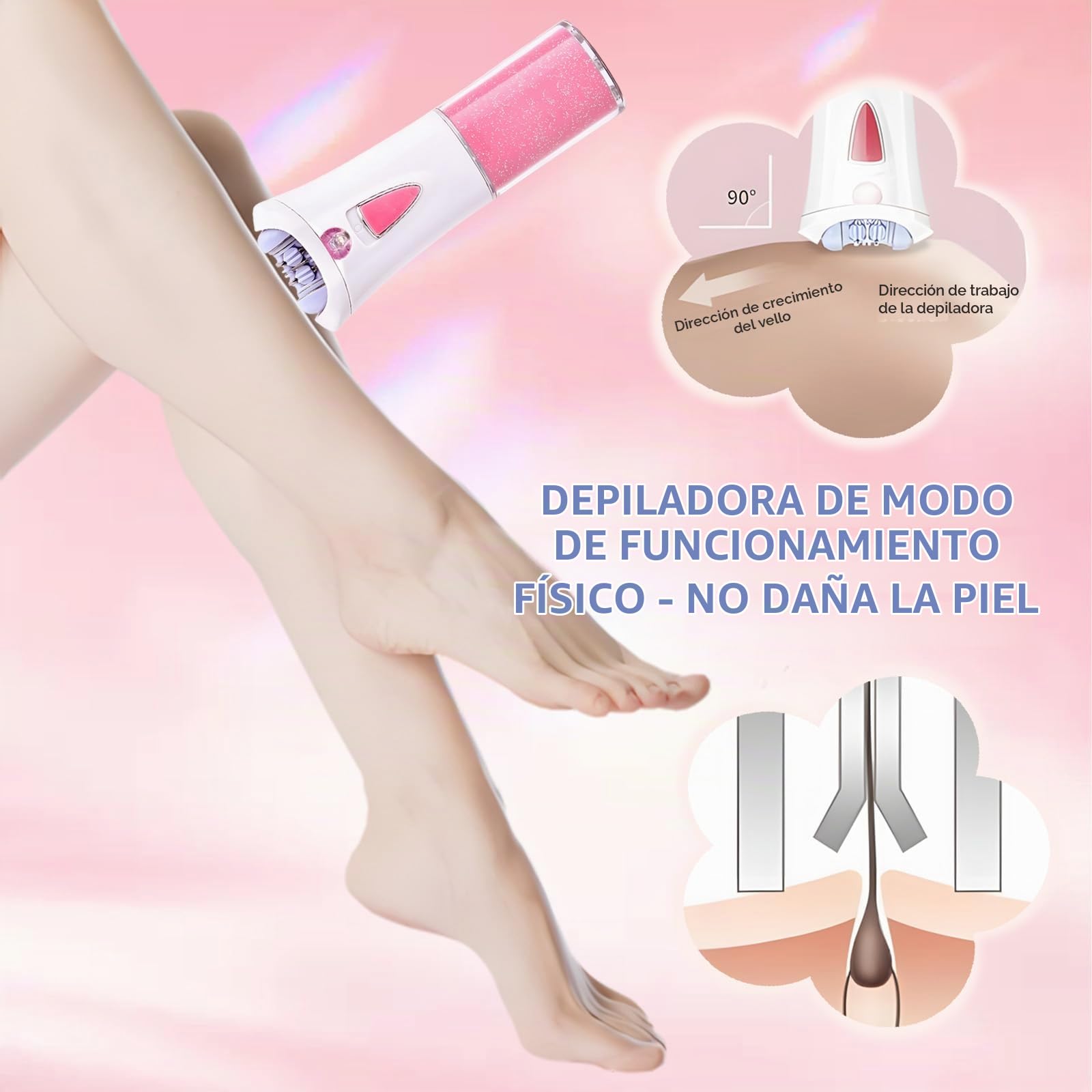 Depiladora Mujer Electrica,Depiladora Mujer Zona Intima,Depiladora Facial sin Cable,Depiladora Eléctrica con luz LED, para Bikini Zona Intima, Pierna, Brazo, Axila,Alimentado por Batería (No Incluido)