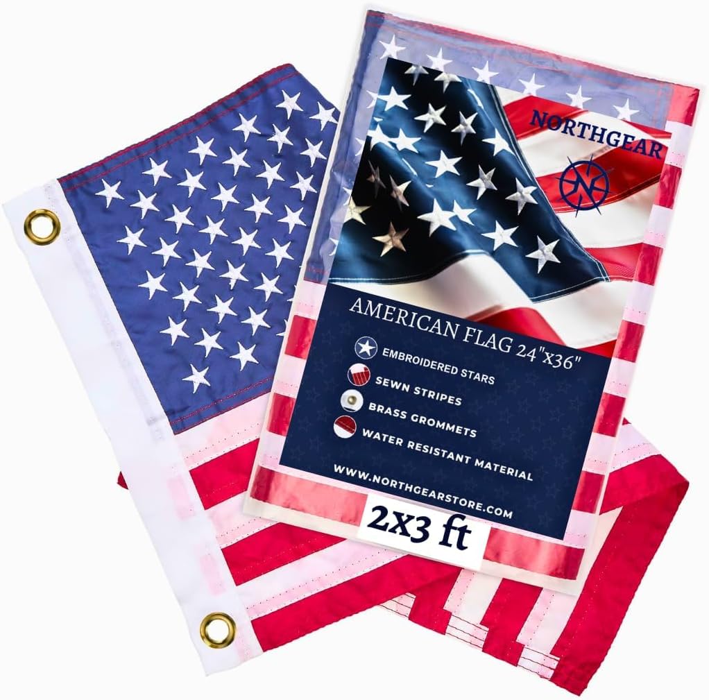 American Flag 2x3 Ft – 100% Outdoor Nylon Flag, Embroidered Stars & Sewn Stripes, Heavy Duty with Brass Grommets, FMAA Certified US Flag 24x36
