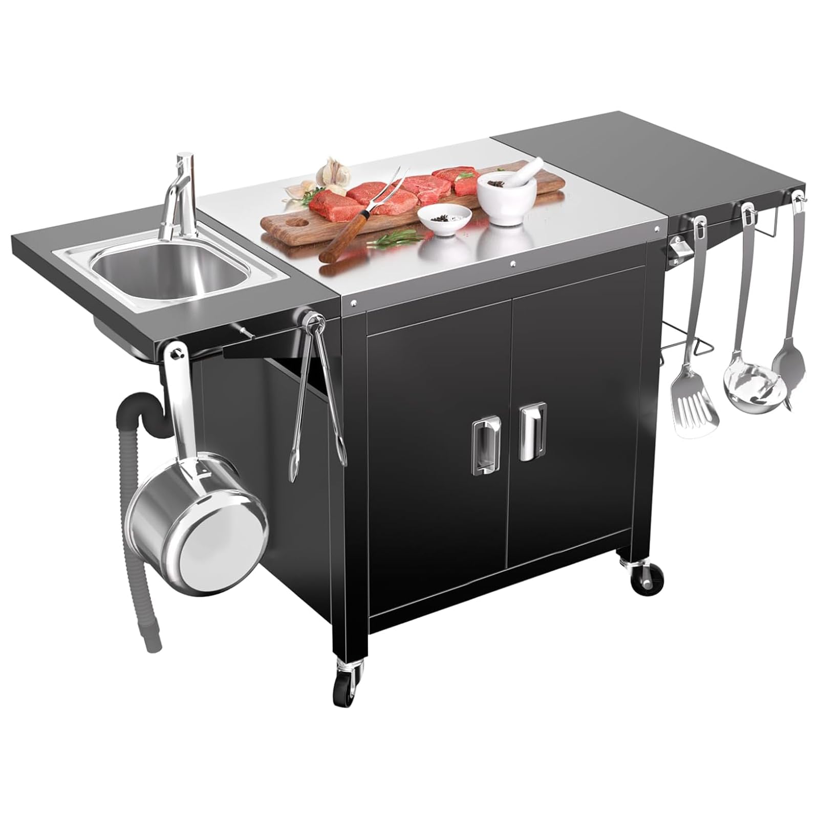 GFTIME Carrello per barbecue, cucina all'aperto, tavolo per pizza mobile, in acciaio inox, con ruote, 154 x 63 x 89 cm