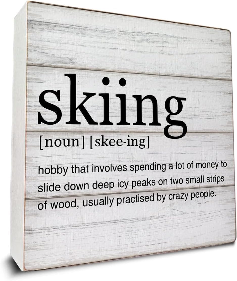 Skier Gift Skiing Definition Wooden Box Sign Ski Quotes Desk Decorative Wooden Sign Home Decor for Desk Table Shelf 5x5 Inch