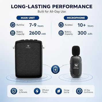WinBridge Wireless Voice Amplifier for Teachers - Lapel Mic System Saves Your Voice | 15W Portable PA System with Bluetooth, 12H+ Battery, Auto-Pairing | No Headset, Ultra-Light 18.3g Clip Mic WB005N