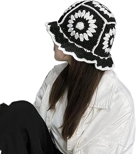 Gorro de punto para mujer con patrón de flores, diseño floral, gorro de punto hueco bohemio de lana étnica para otoño e invierno