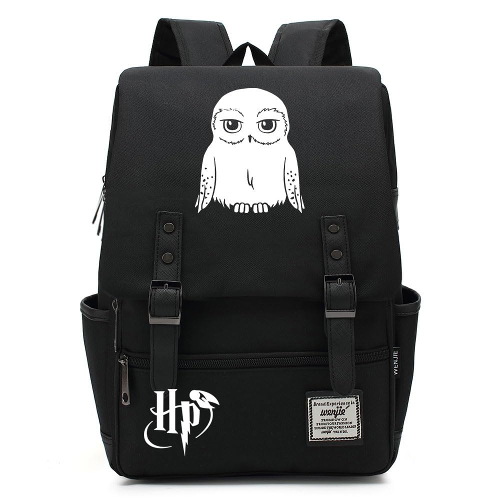 YIUNL Cute Owl Hedwig Print Laptop Backpack, Harry Magic Schoolbag, Lightweight College Rucksack for Women Black Medium