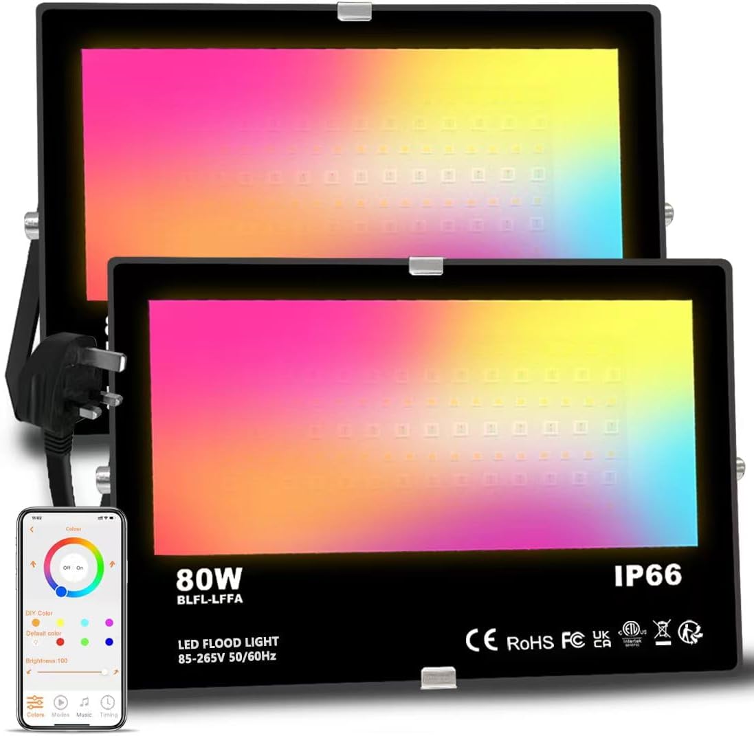 LinkupHome Smart RGBW Flood Lights, Bluetooth Mesh, Smart Life App Control, RGB & Warm White 4000K, Each Flood Light 20W, Light Sync With Music, Support Grouping, Timing, IP65 Waterproof, 2 Pack - View #7