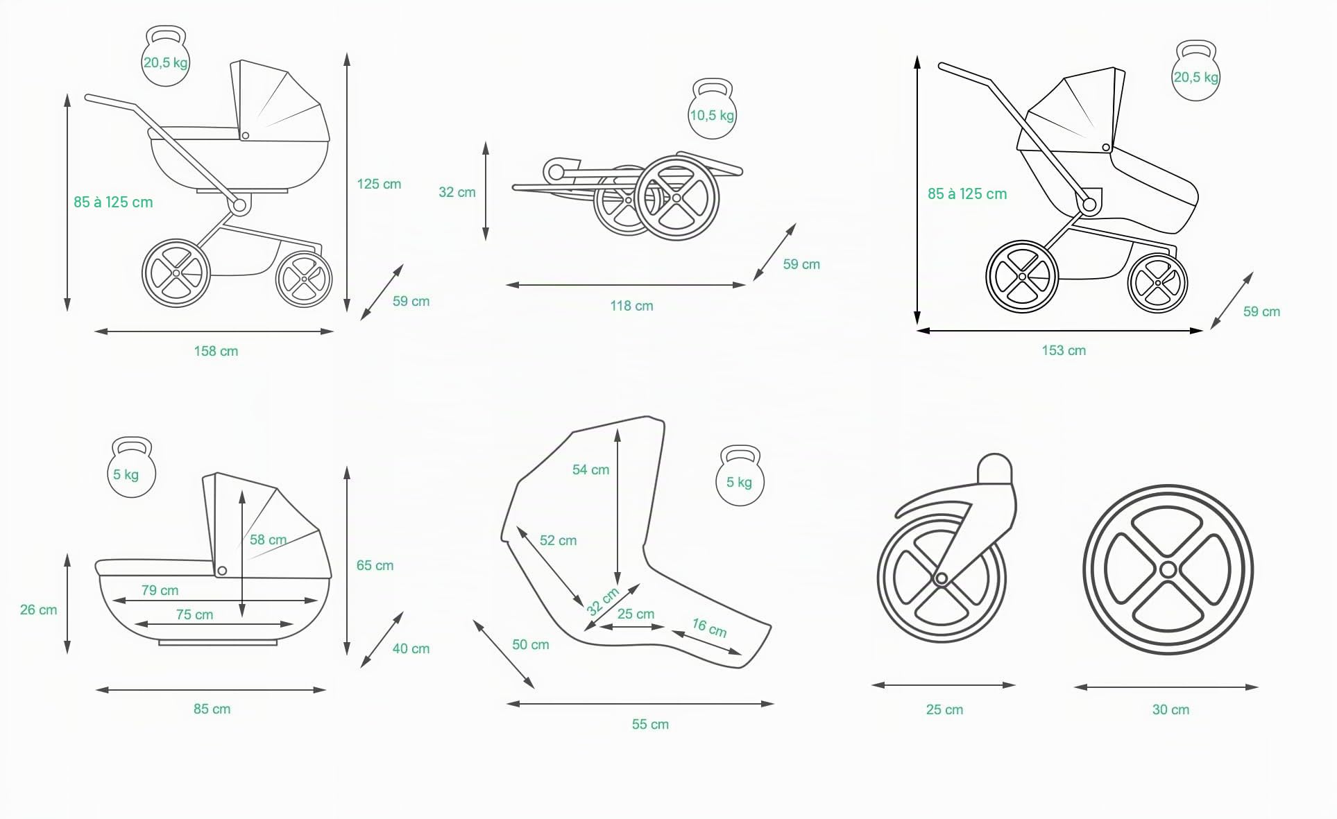 BabyLux® Enfant Poussette pour jumeaux Combinée Set 3 en 1 - Duo | Silver - incl. Nacelle, Canne, Siège de voiture - Siège Auto - Pliable - avec Sac à langer, Habillage pluie, Moustiquaire etc.
