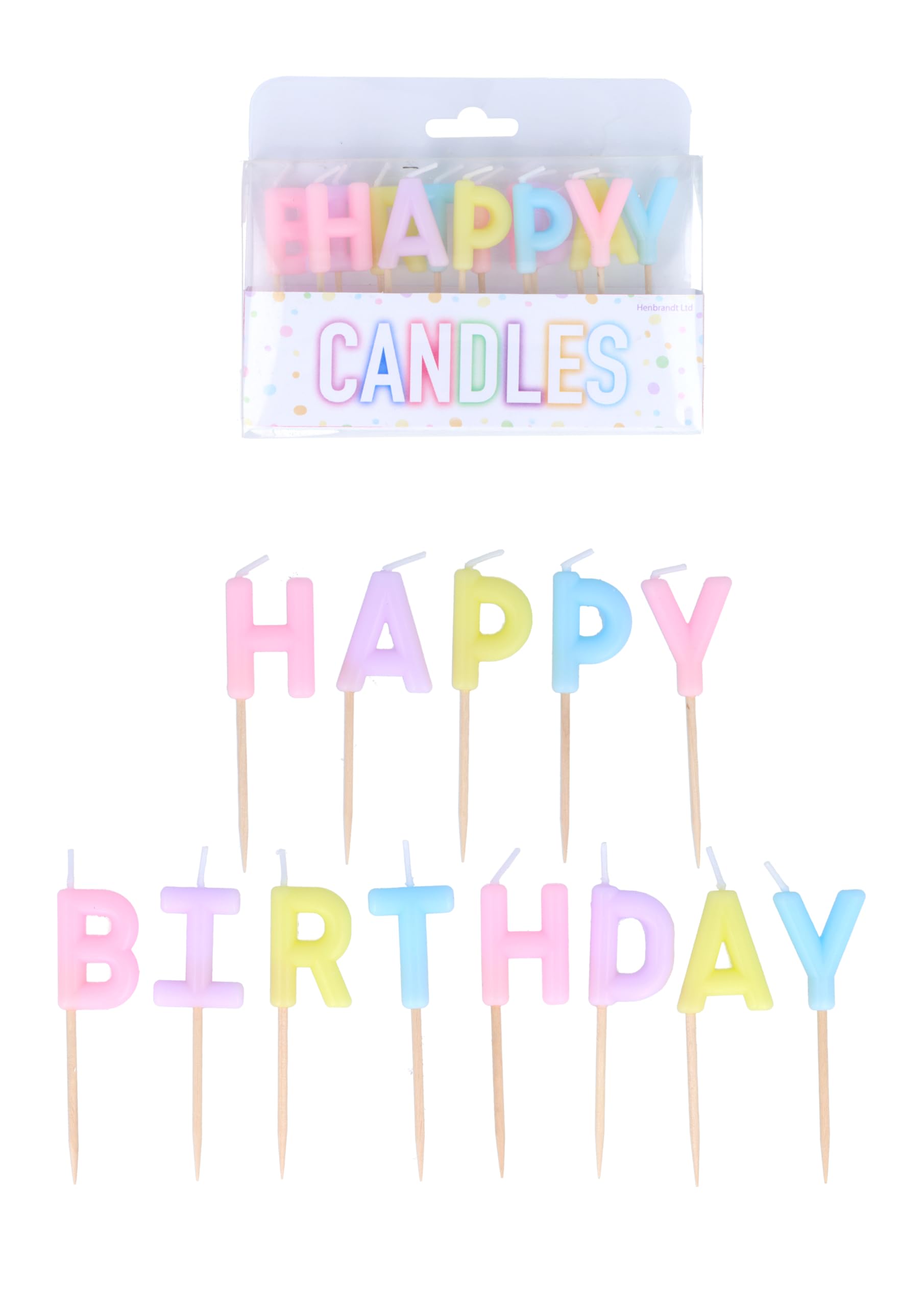 Henbrandt Pack of 13 Pastel Happy Birthday Candles on Wooden Picks, 4 Assorted Pastel Colours 7cm Lettered Happy Birthday Celebration Candles Cake Topper for Birthday Cake and Cupcake Decorations