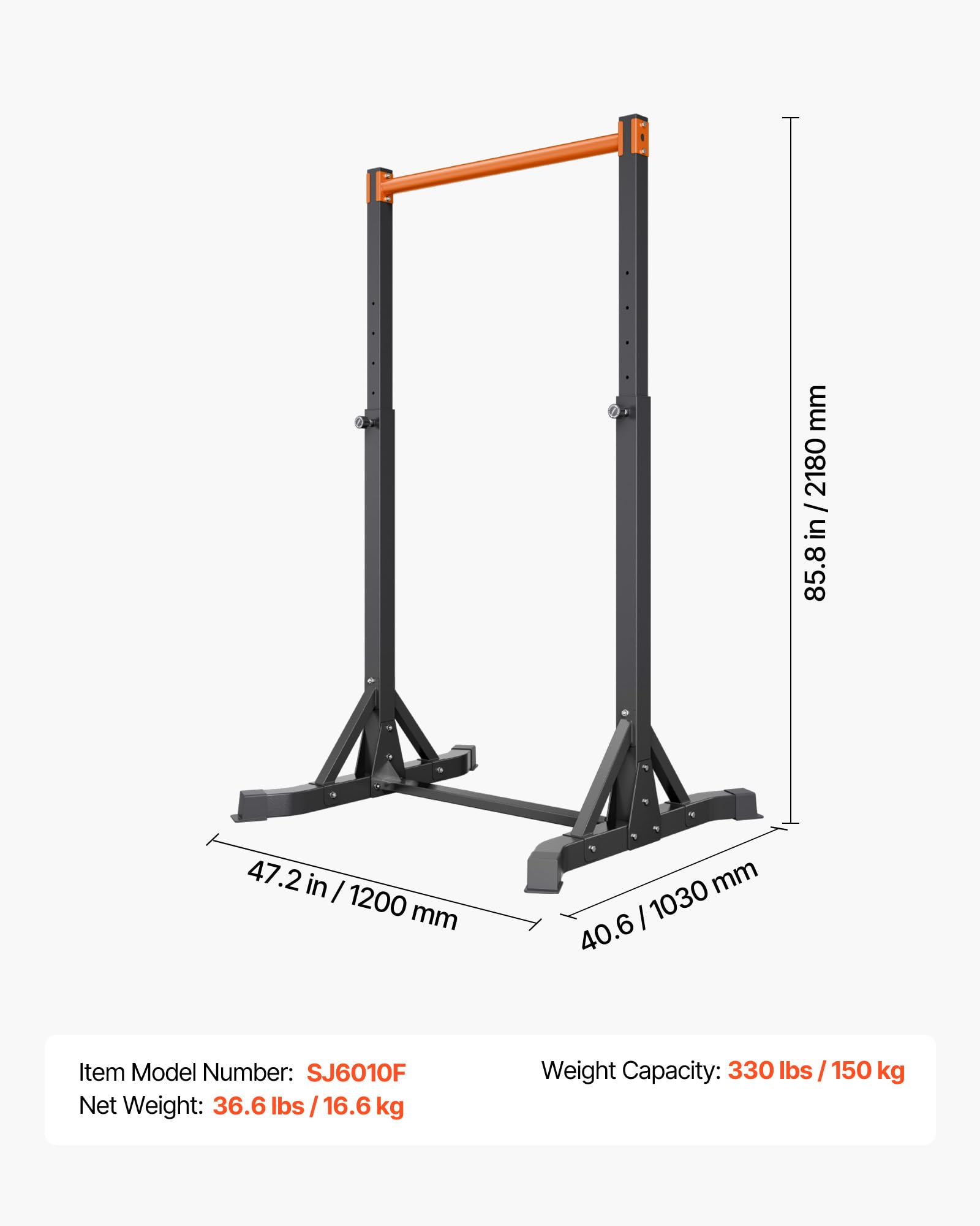 VEVOR Klimmzugstange tragbare Klimmzugstation Power Dip Station mit 150 kg Tragkraft, freistehend mit H-Rahmenkonstruktion & Stahlrohr, 8-fach höhenverstellbar, Training von Armen Rücken Brust