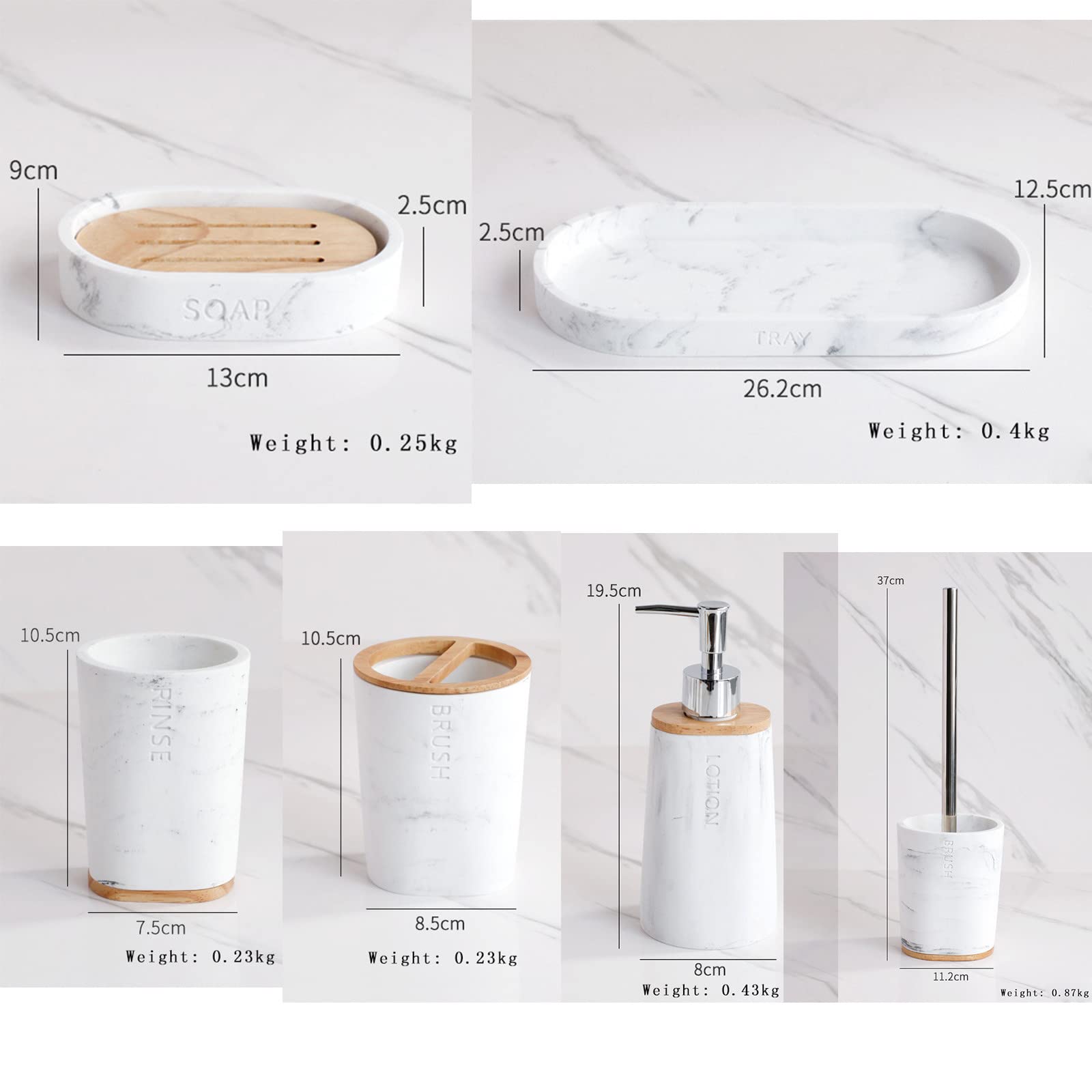 Juegos de Accesorios de baño, Simple Madera Acesorios Cuartos de Baño 5 Piezas con Escobillas de Baño Dispensador Jabon Baño Jabonera Baño Porta Cepillo de Dientes Blanco