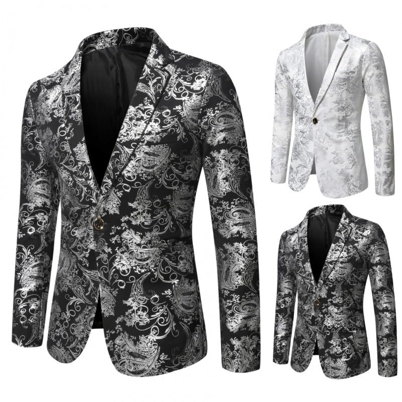 Men's Floral Print Blazer, Black and Gray, Long Sleeve, Notched Lapel4