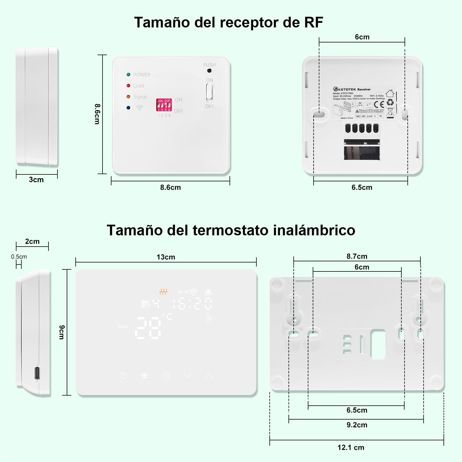 KETOTEK Termostato Inalámbrico con RF Receptor WiFi para Caldera 5A, Kit de Cronotermostato Calefaccion Inalámbrico con 220V Receptor Programmabile Compatible con Alexa, Control por App y Voz