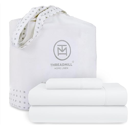 Threadmill Cotton Twin Sheet Set | 100% Cotton Sheets for Twin Size Bed | Solid Sateen Twin Bed Sheets Set with 16” Deep Pocket | Soft Breathable 3-Piece Cooling Sheet Set | White