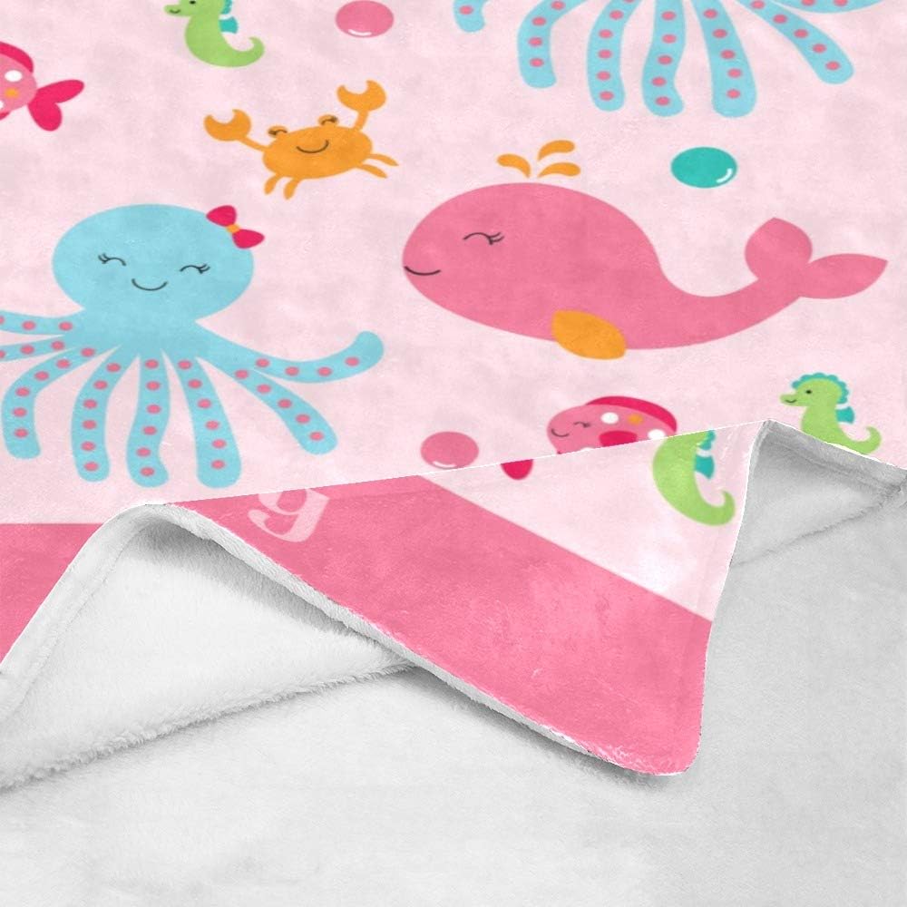Pink Under The Sea Ocean Personalized Receiving Baby Blankets for Girls Boys Kids with Name,Customized Swaddle Blankets Gift for Newborn Crib Infants 30x40 Inches