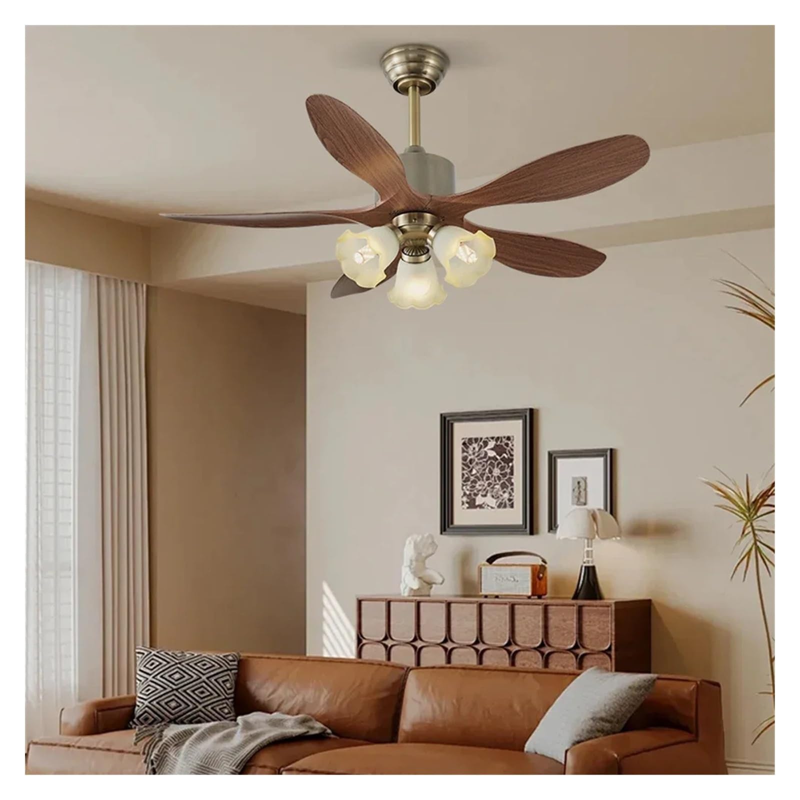 Générique Lustre, Rétro ventilateur lumière 42 pouces 5 feuilles télécommande verre suspension lampe salon salle à manger hôtel silencieux luminaire